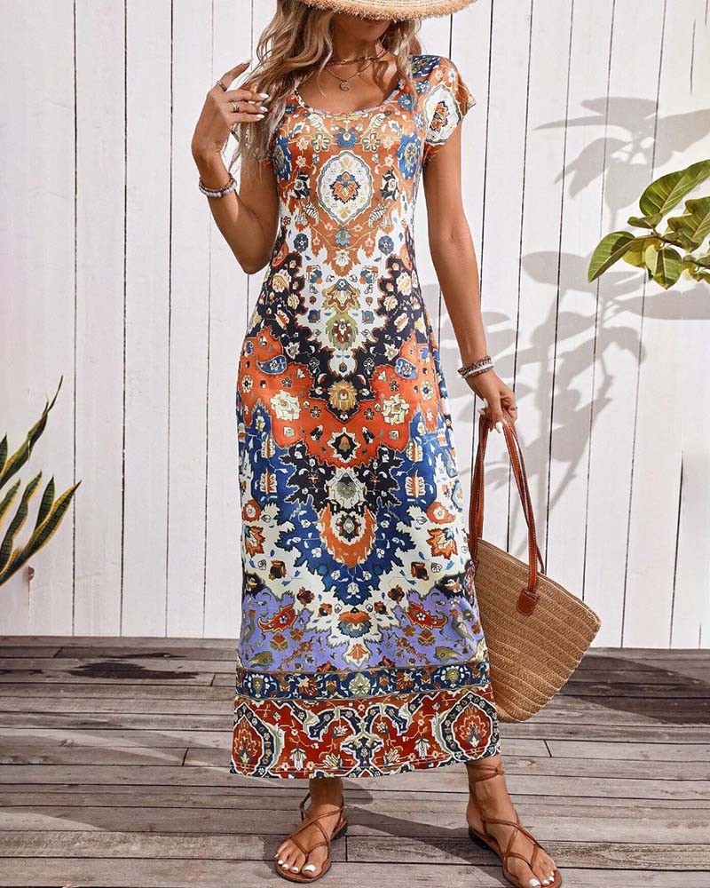 Colorful printed casual dress with slits