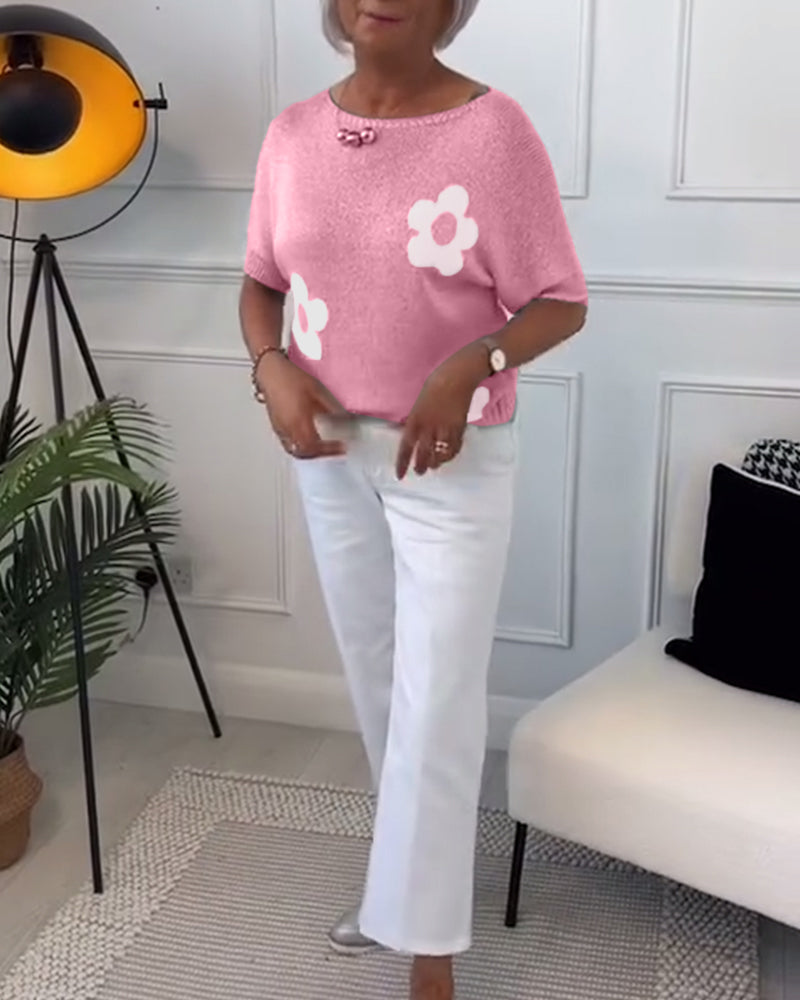 Round neck slim floral pullover sweater