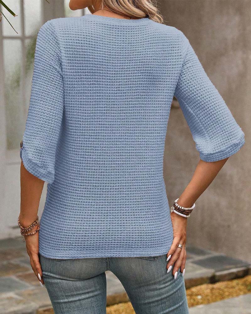 Waffle Solid Crew Neck Top