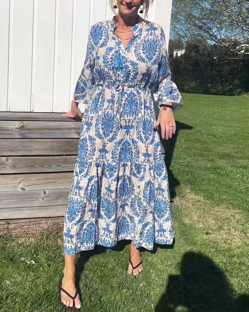 Printed bell sleeve drawstring dress