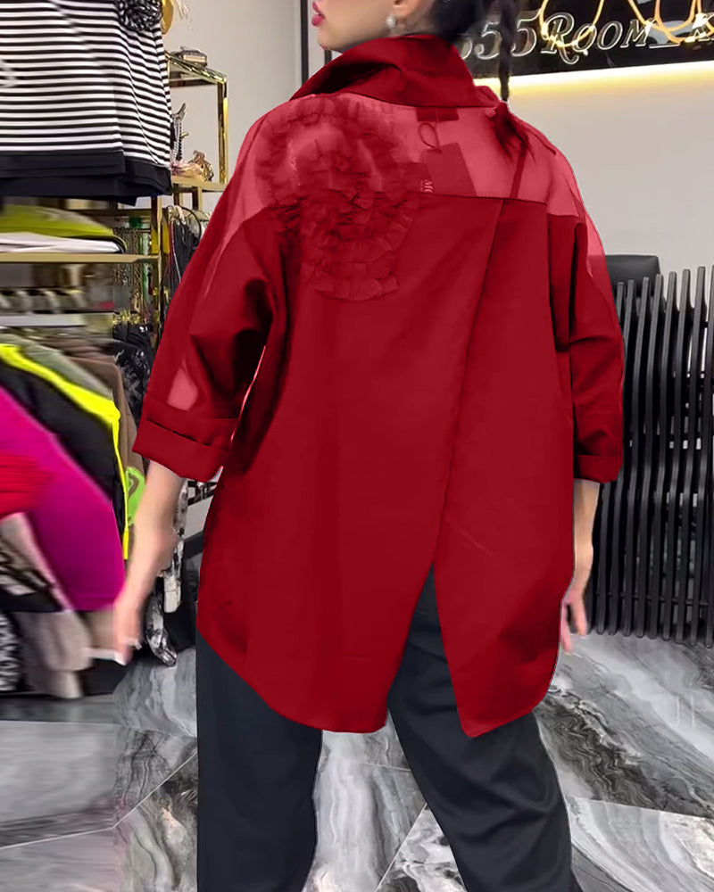 Lapel lace stitching flower blouse