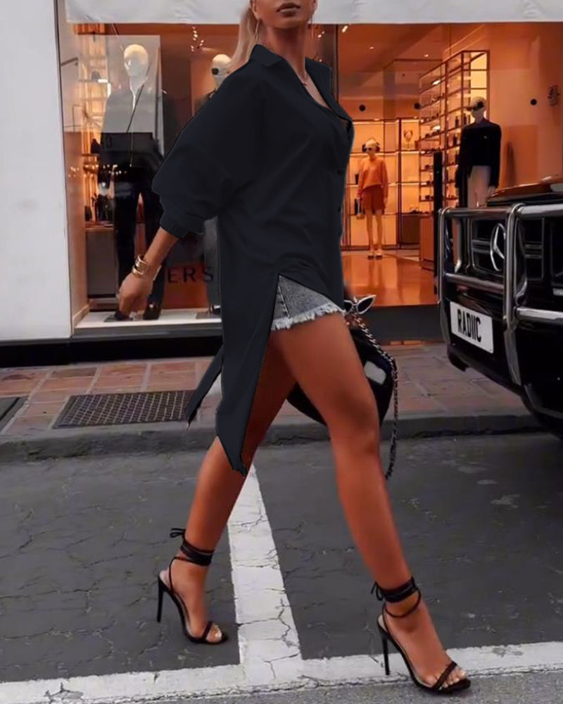 Solid color lapel slit casual shirt