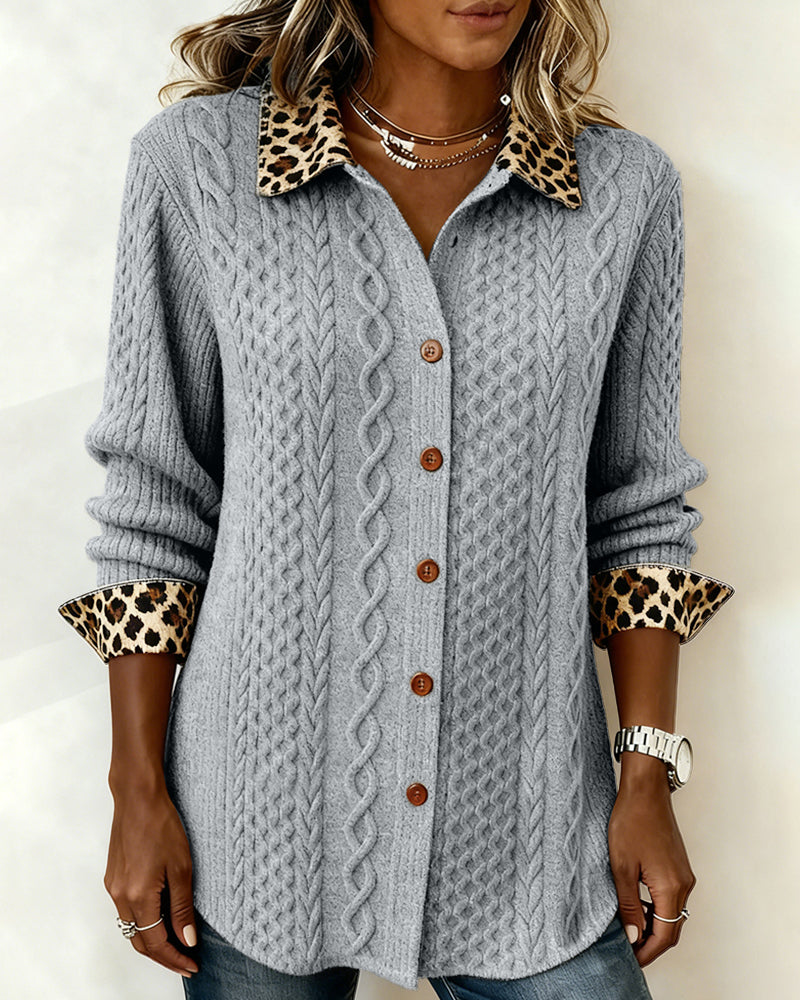 Color-Blocked Leopard Print Long-Sleeved Shirt