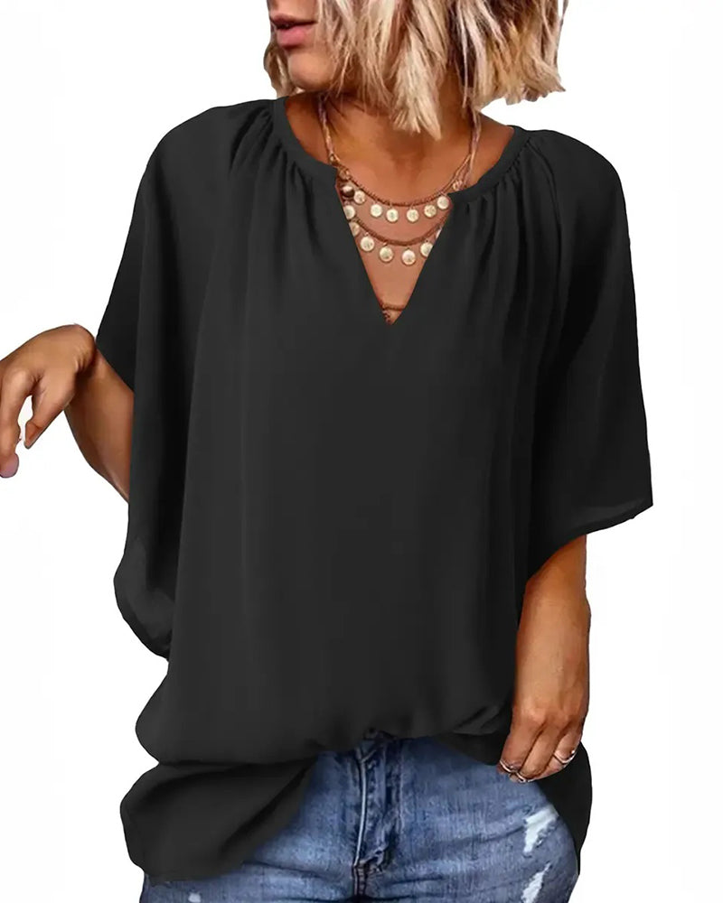 Loose-Fit Solid-Color V-Neck Top