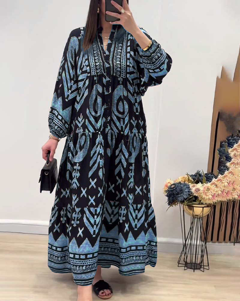 V-neck long-sleeved printed dress