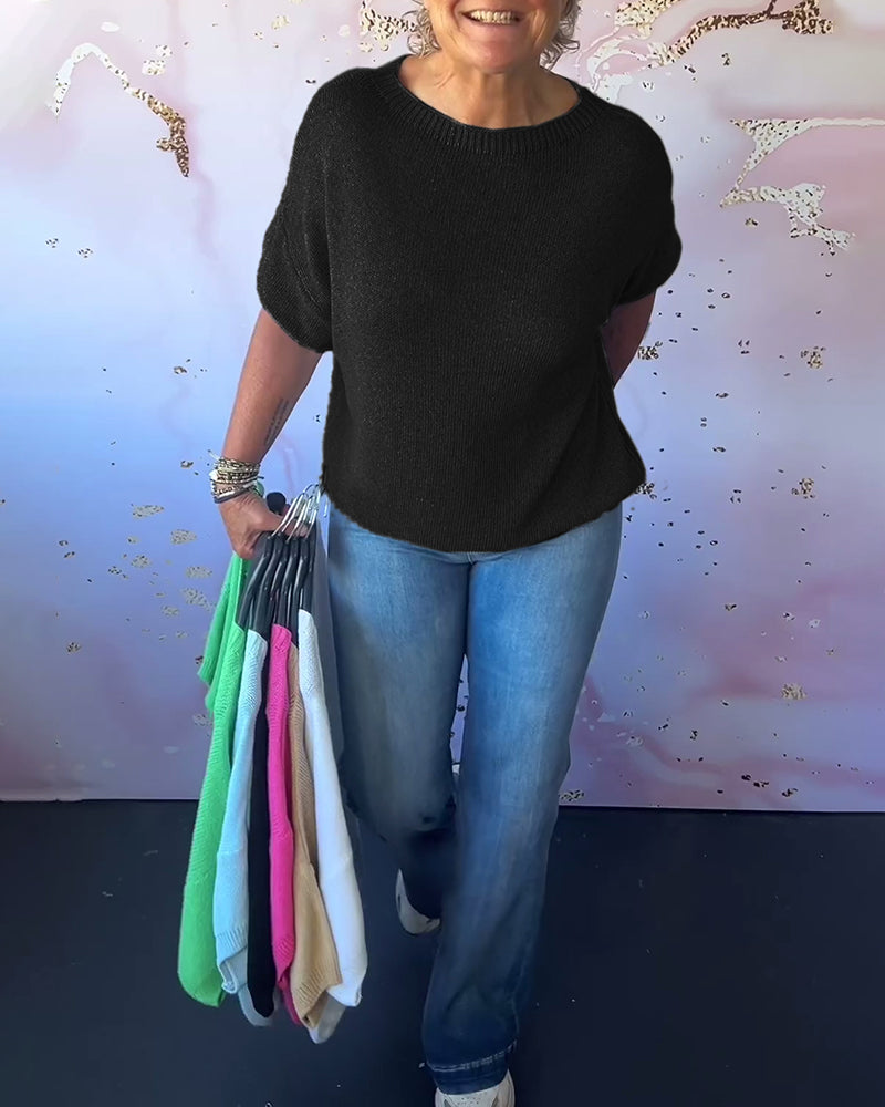 Casual loose solid color round neck pullover