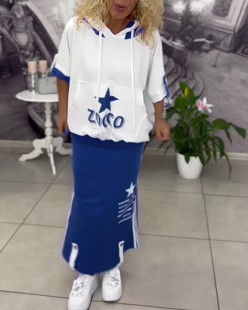 Hooded Drawstring Printed Skirt Set