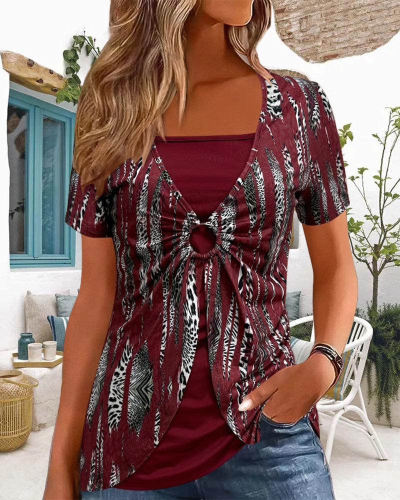 Short-Sleeved Printed Fake Two-Piece Blouse