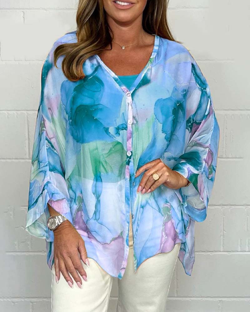 Casual printed V-neck long sleeve blouse