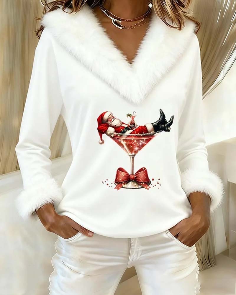 Plush Christmas Print Long Sleeve Top