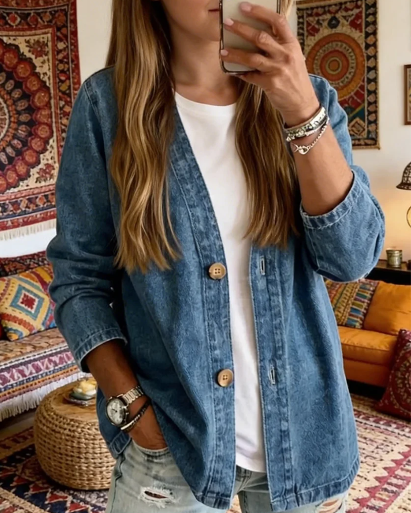 Denim V-Neck Cardigan Coat