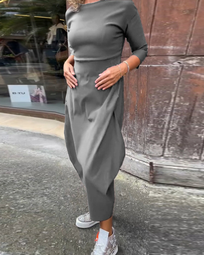 Simple solid color pocket long sleeve elegant dress