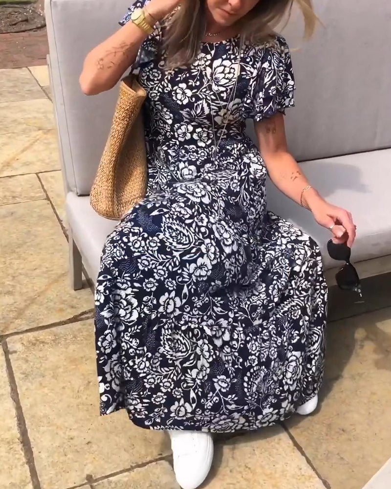 Floral Print Short Sleeve Long Dress