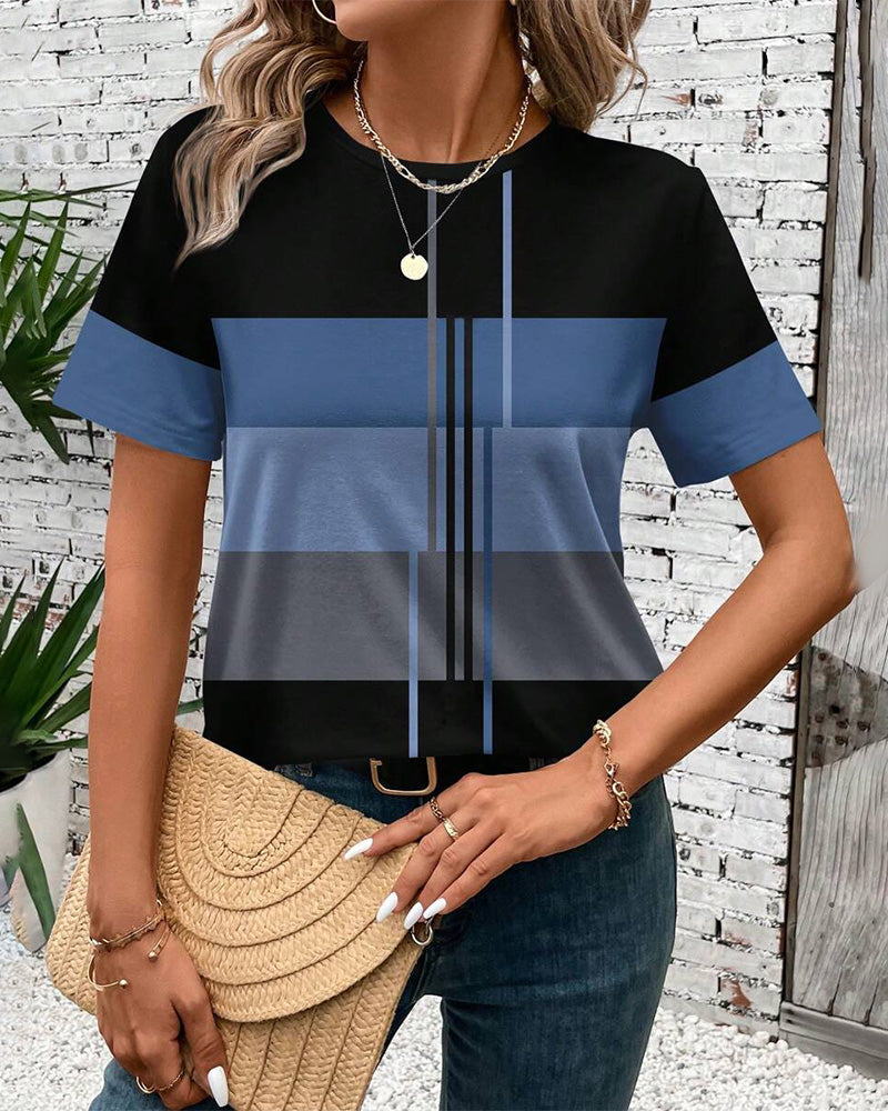 Round Neck Geometric Print Short Sleeve T-Shirt