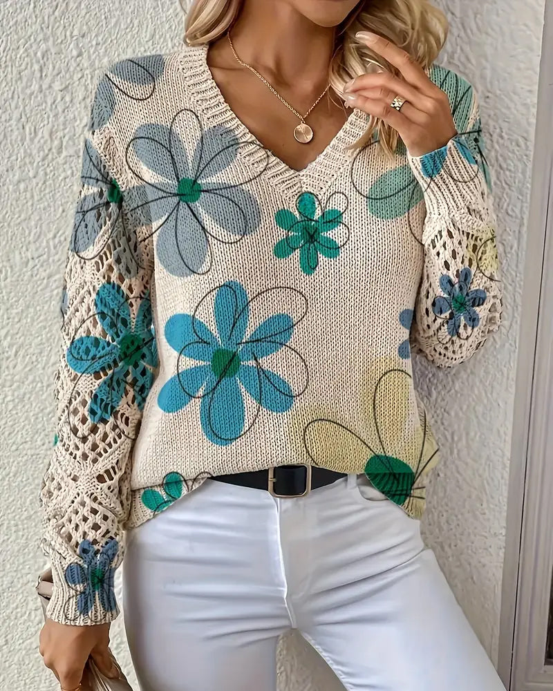 V-Neck Openwork Knit Sweater
