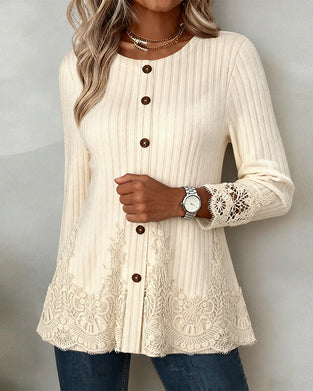 Long-Sleeved Ribbed Brushed Blouse