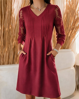 V-Neck Shirred Patchwork Dress
