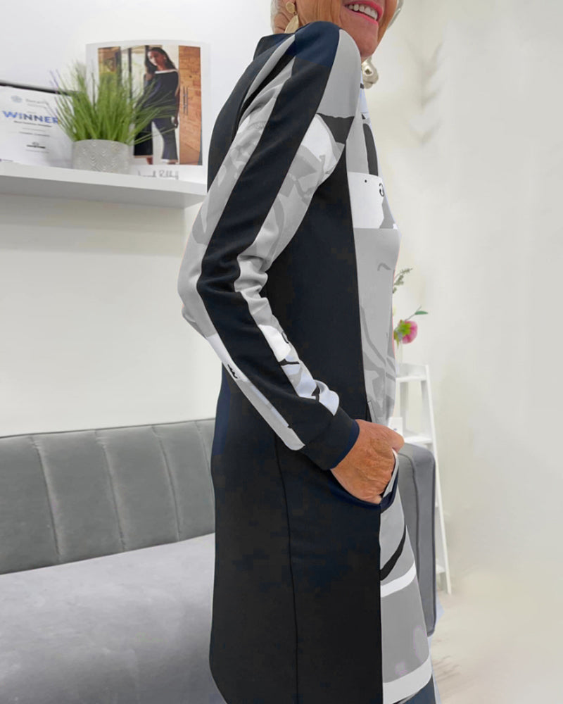 Zippered long sleeve pocket color block dress