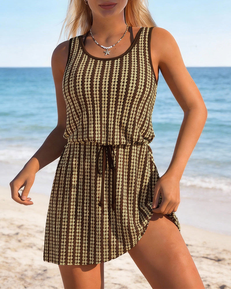 Printed Sleeveless Flared Swim Dress