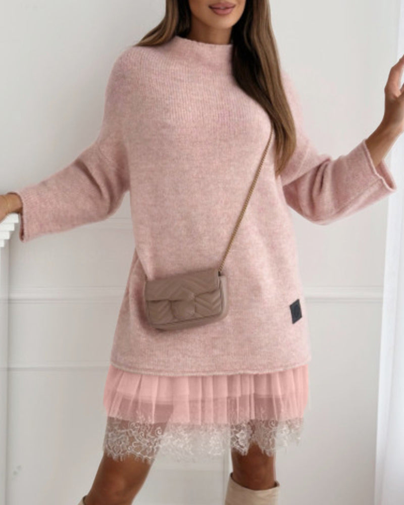 Casual solid color high collar pullover mesh dress set