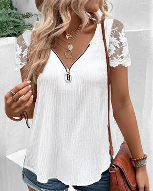 Casual zipper lace short sleeves