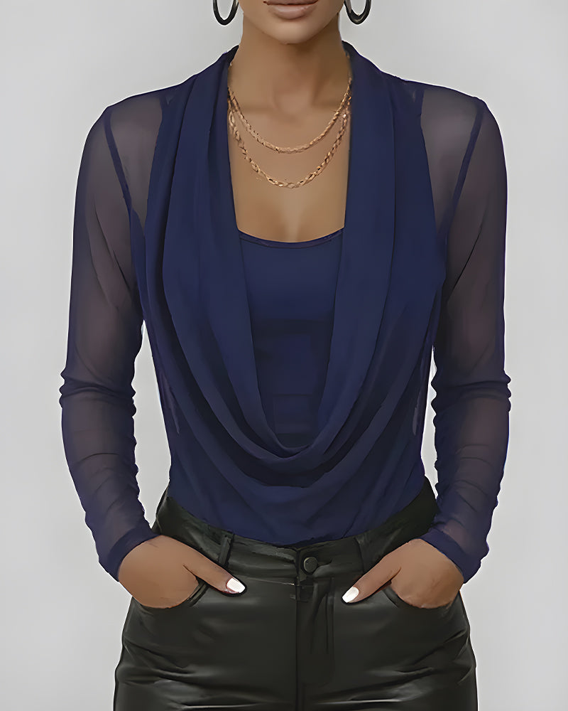 Mesh Layered Cowl Neck Long Sleeve Two-Piece Set