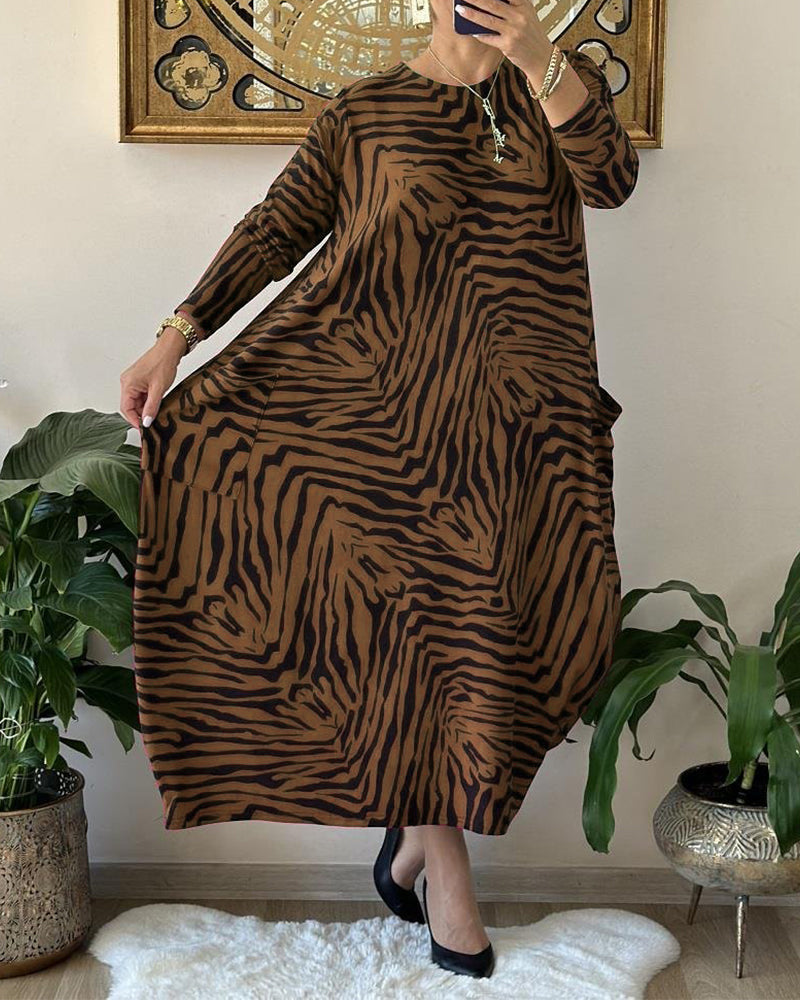 Fashion Loose Print Pocket Shift Dress