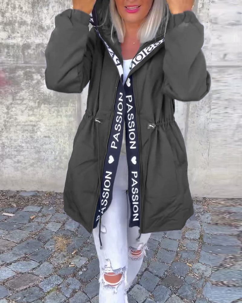 Casual letter print drawstring hooded coat