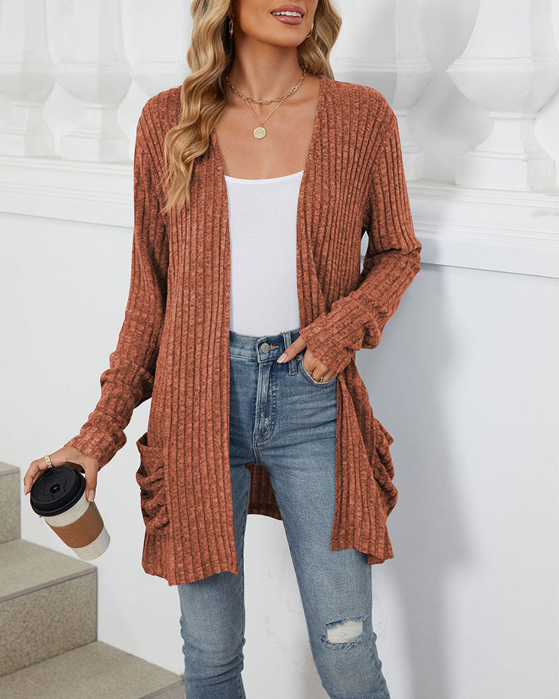 Casual solid color pocket long sleeve cardigan