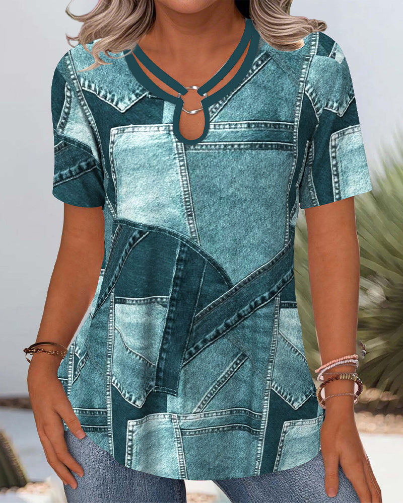 Aumora Vintage Denim Contrast Hollow Blouse