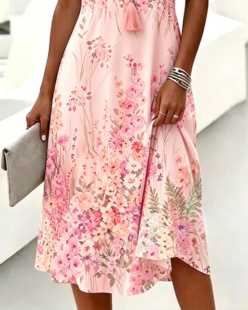 V-Neck Floral Short Sleeve A-Line Dress