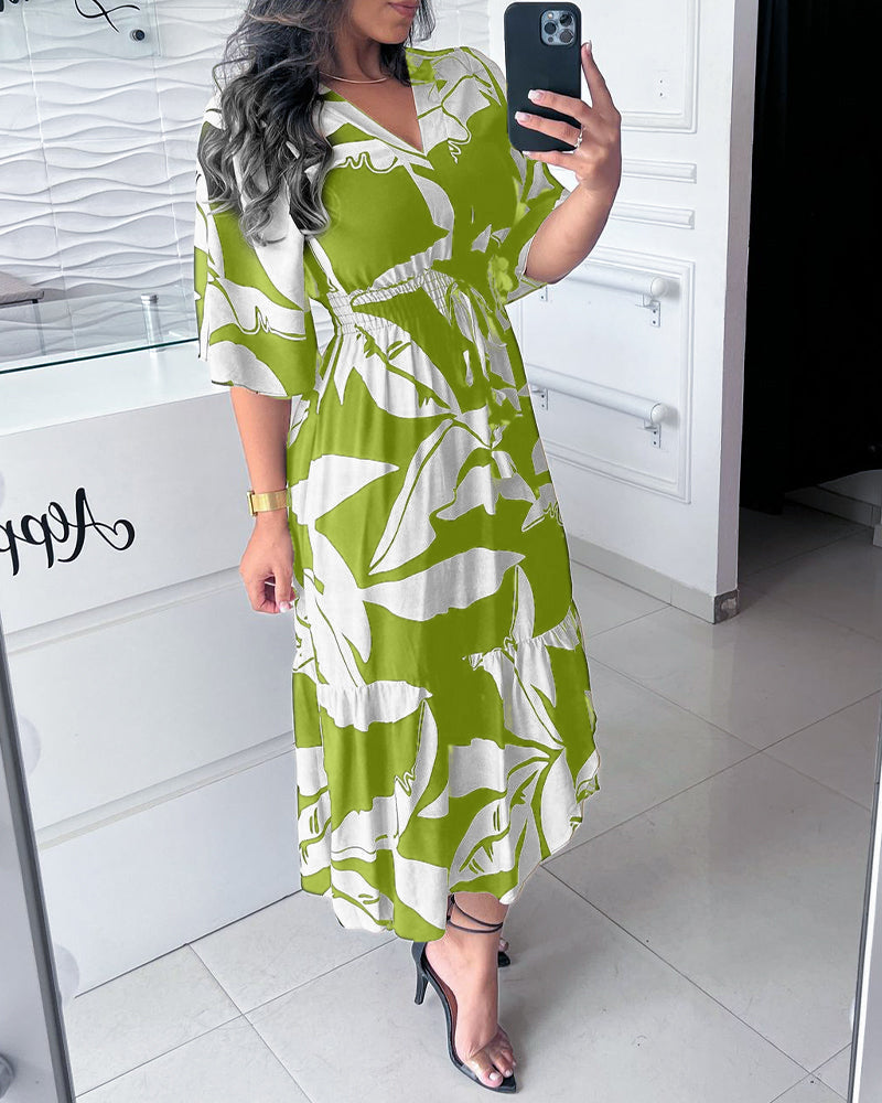 Aumora V-neck three-quarter sleeve drawstring elegant dress