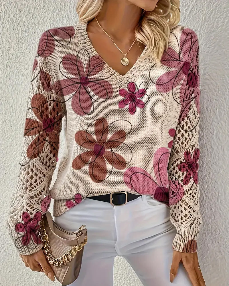 V-Neck Openwork Knit Sweater
