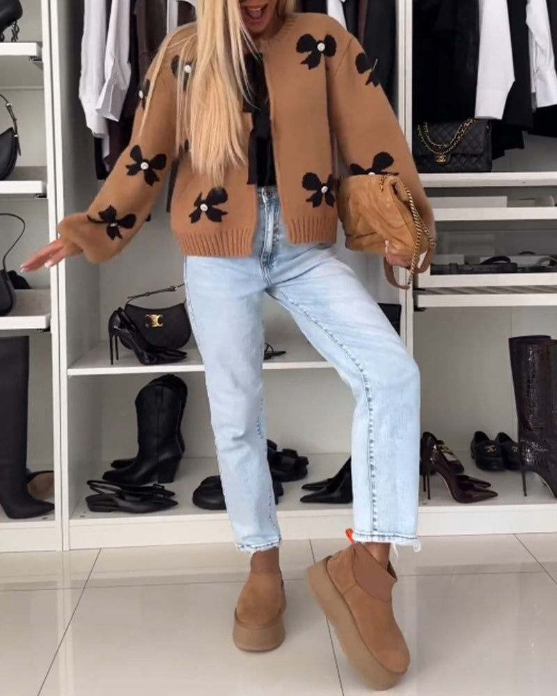 Bow beaded lace-up cardigan