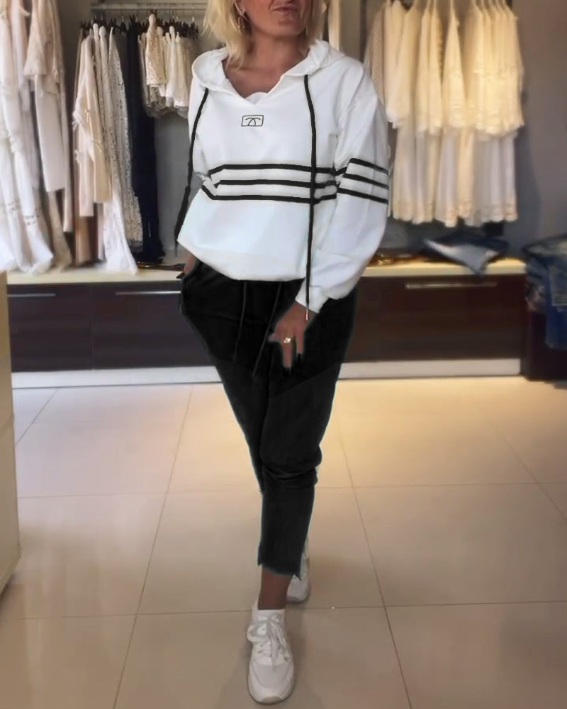 Casual striped print hooded sweatshirt set