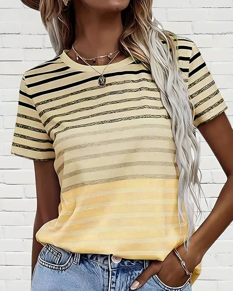 Aumora Round Neck Short Sleeve Striped T-Shirt