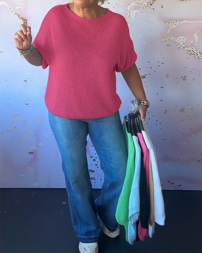 Casual loose solid color round neck pullover