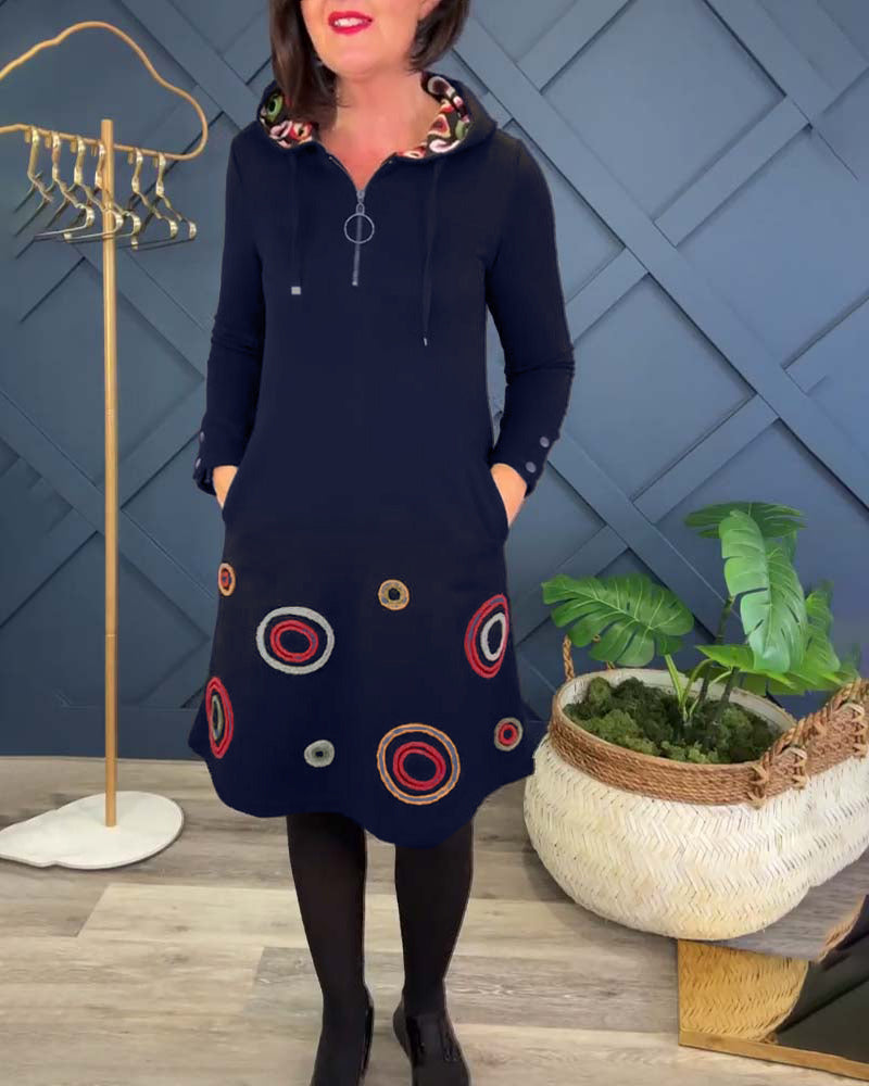 Circle print zip-up hooded casual dress