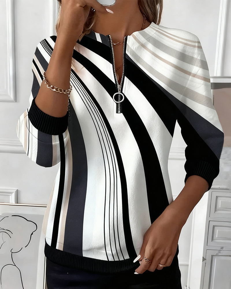 Casual Zipper Geometric Print T-Shirt