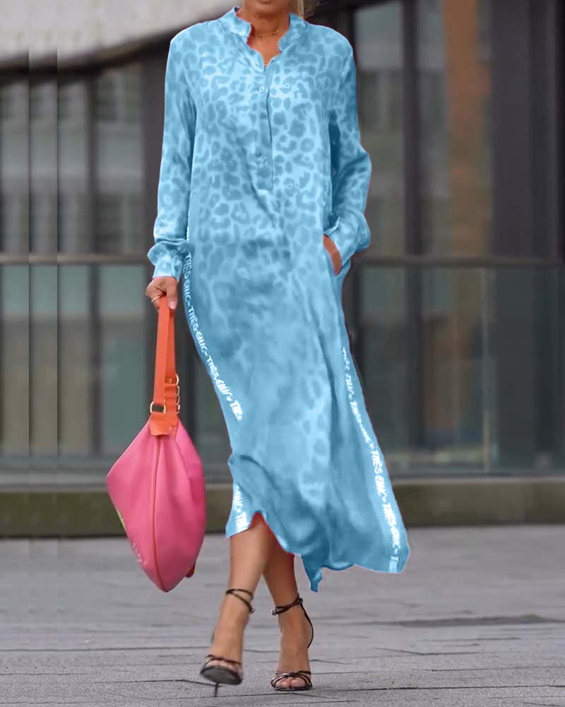 Long-Sleeved Leopard Print Slit Dress