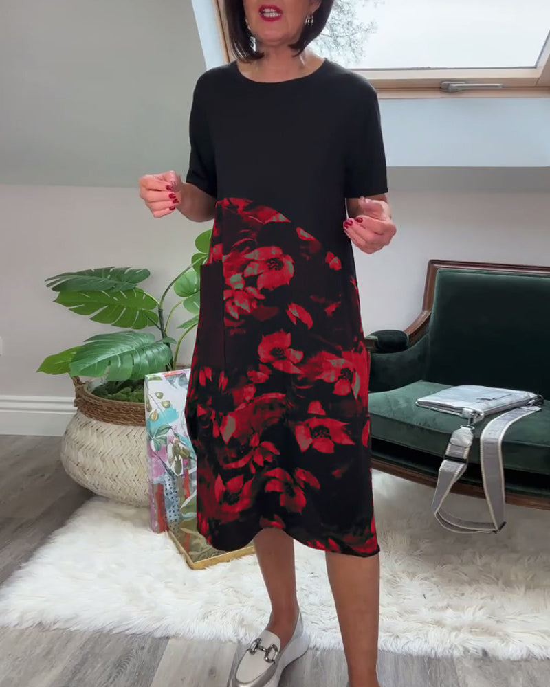 Casual round neck floral print patchwork dress
