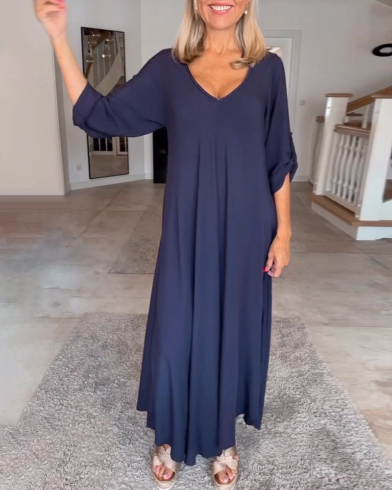 Solid color V-neck dress