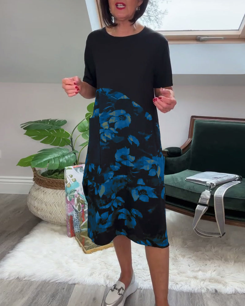 Casual round neck floral print patchwork dress
