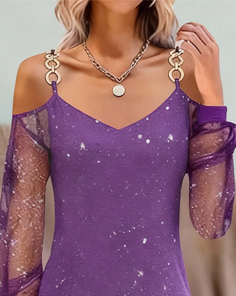 Suspender Splicing Mesh Long Sleeve Dress