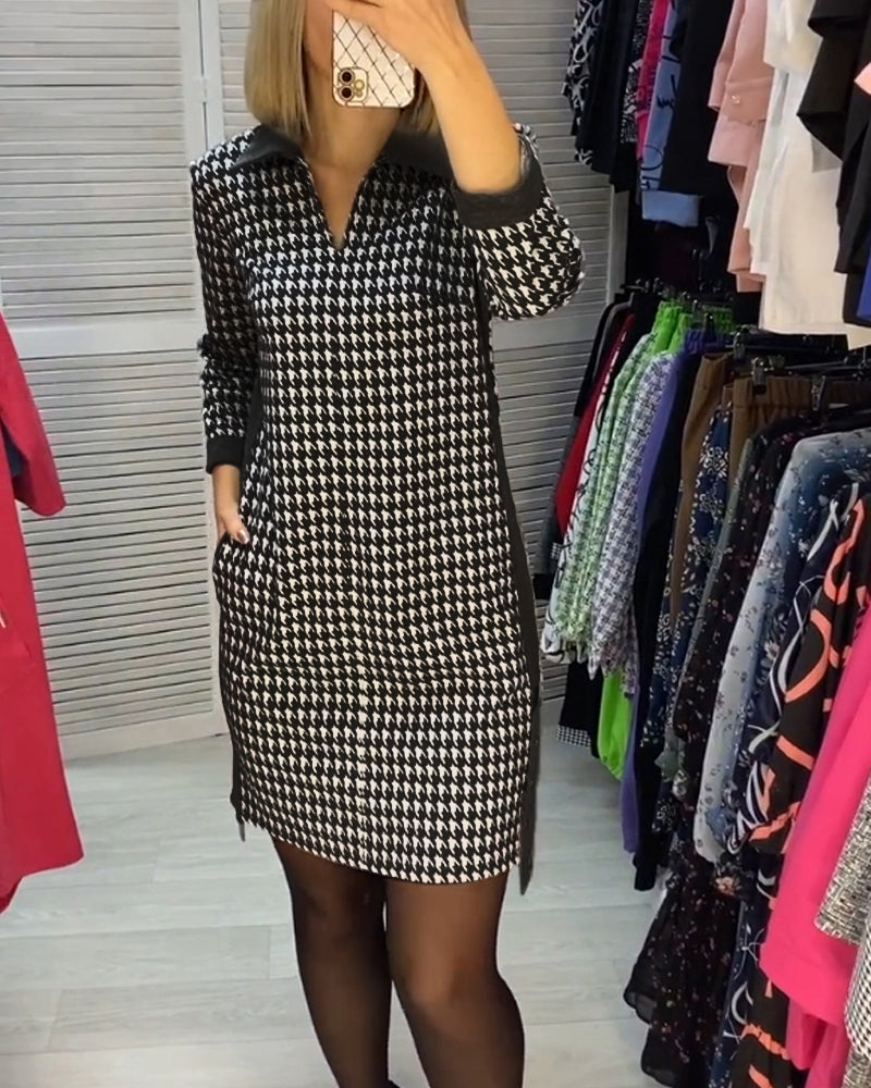 Lapel Pocket Plaid Long Sleeve Dress