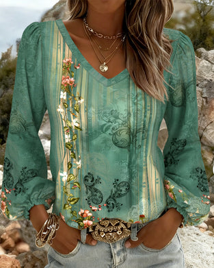 Floral V-Neck Puff Sleeve Blouse