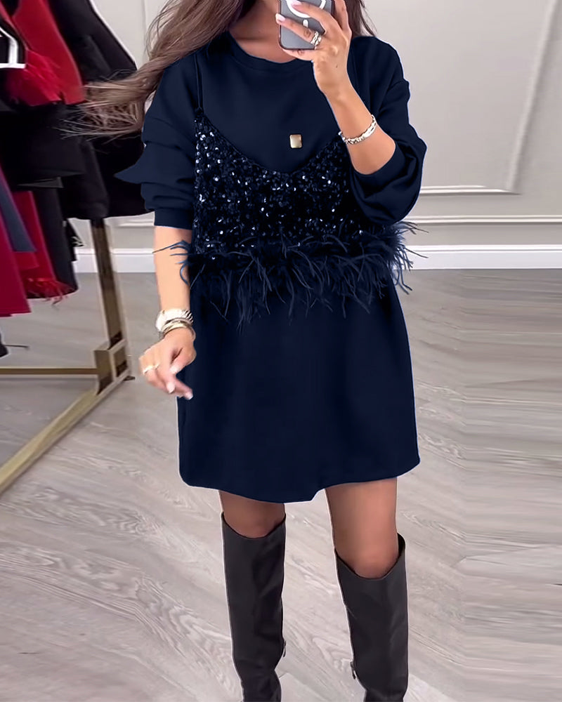 Fashion solid color sequin feather patchwork dress