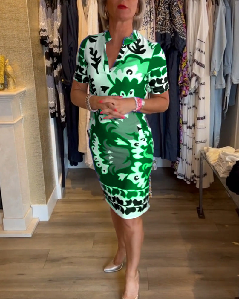 Short-sleeve printed v-neck dress