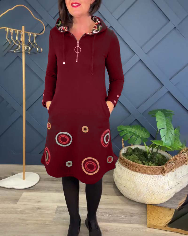 Circle print zip-up hooded casual dress