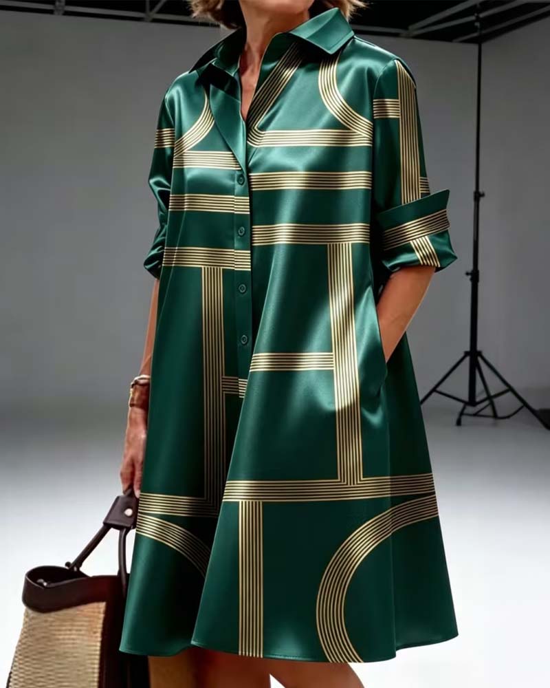 Lapel Line Print Shirt Dress